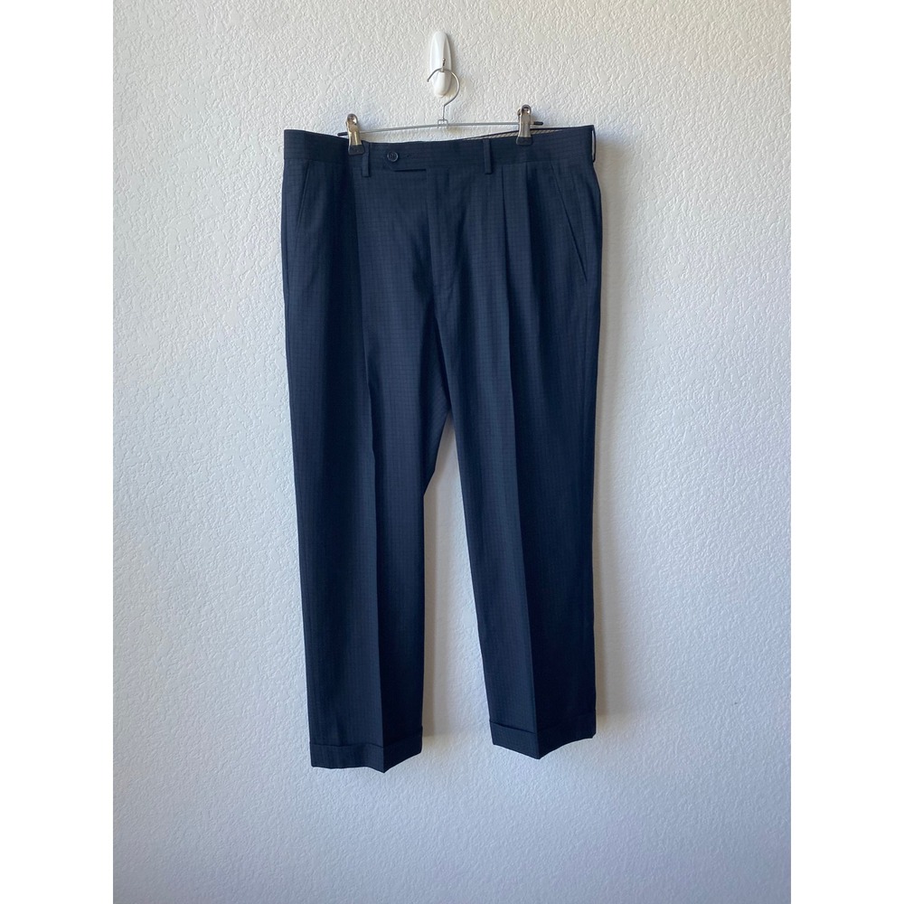 Lauren Ralph Lauren Mens Micro Check Pleated Cuffed Dress Pants 34W 30L Navy
